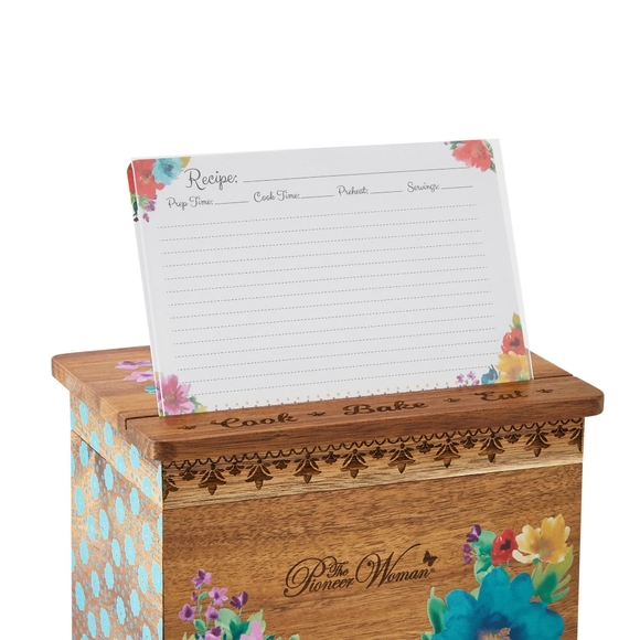 🌺 New Pioneer Woman Natural Acacia wood Recipe Box & Recipe Cards - Picture 7 of 10